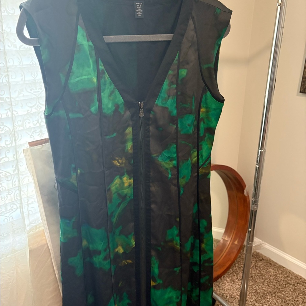 Kenneth Cole Black & Green Zip-Front Sleeveless Dress